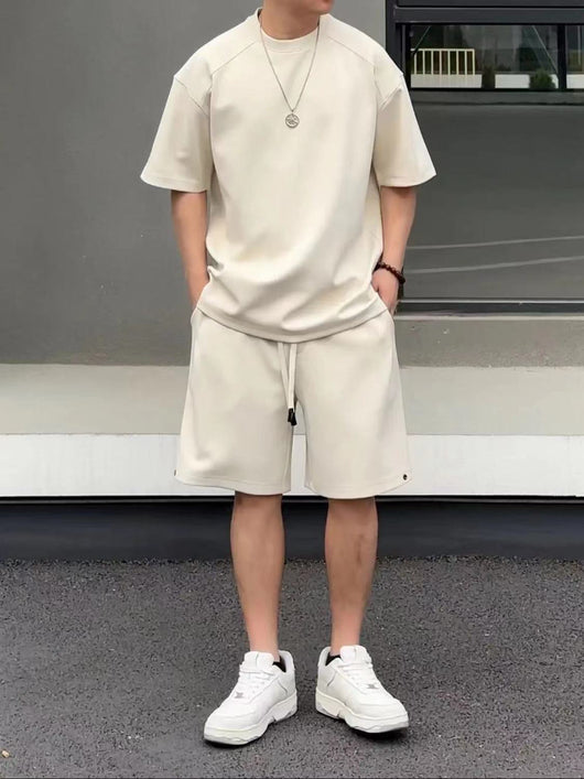 Khaki men's short-sleeved t-shirt and matching shorts set, featuring a loose fit and white drawstring. - Image 10