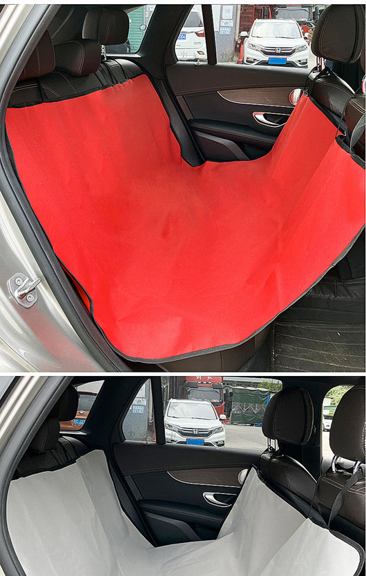 Pink car pet mat with white paw print and bone patterns, featuring black straps for securing to a rear seat. - Image 28