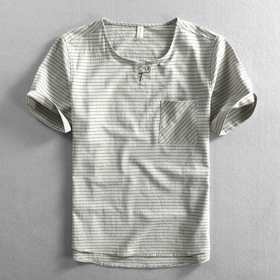 Camiseta Hombre Algodón Rayas Cuello Abierto Manga Corta Suelta Casual - Image 3
