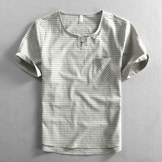 Camiseta Hombre Algodón Rayas Cuello Abierto Manga Corta Suelta Casual - Image 3