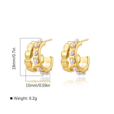 Aretes Doble C Retro en Acero Inoxidable con Perla Imitación - Diseño Amor - Image 3