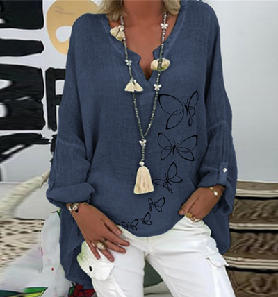 Blusa Estampada de Algodón Slub con Cuello en V para Mujer - Image 8