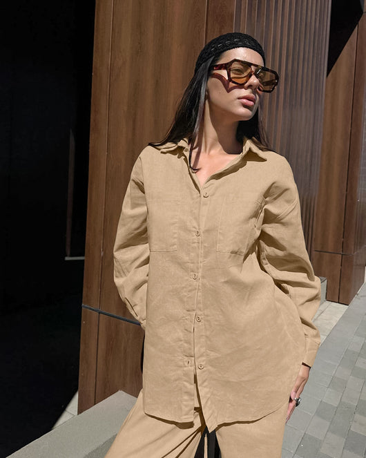 Conjunto Casual Khaki de Lino y Algodón - Camisa y Pantalón Ancho Estilo Urbano para Mujer - Image 9
