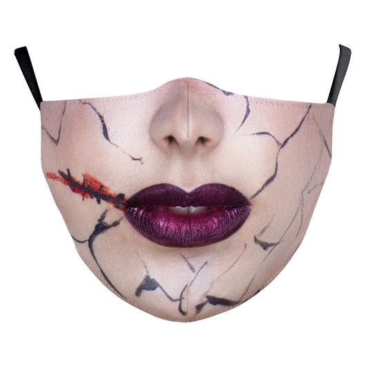 Digital printing dust mask with a funny ghost face and clown design, featuring a sugar skull pattern in red, yellow, and brown. - Image 22