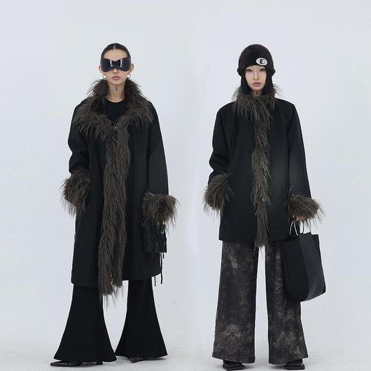 Chaqueta de Algodón Negro con Cuello de Peluche para Mujer