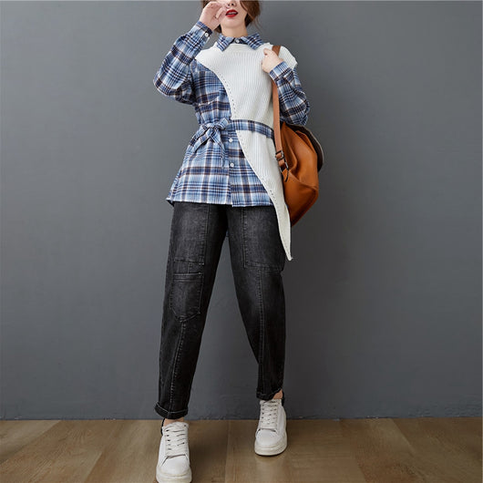 Conjunto de Dos Piezas: Camisa a Cuadros con Suéter Irregular - Image 12