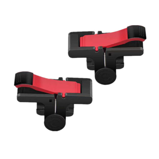 Pair of black and red auxiliary shooting gamepad buttons for smartphones, designed to enhance mobile gaming.