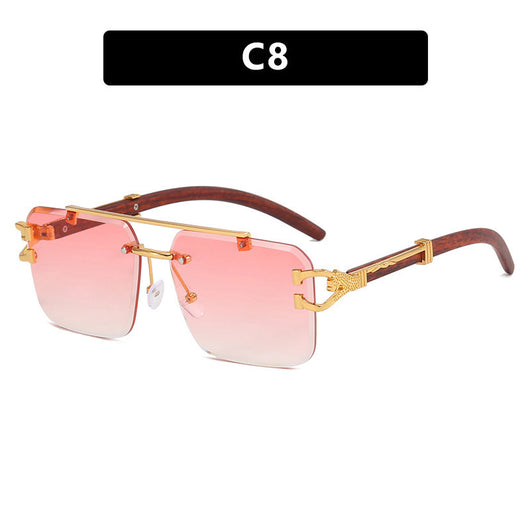 Pink gradient frameless square sunglasses with a double beam, gold-tone hardware, and dark wood-look temples. - Image 12
