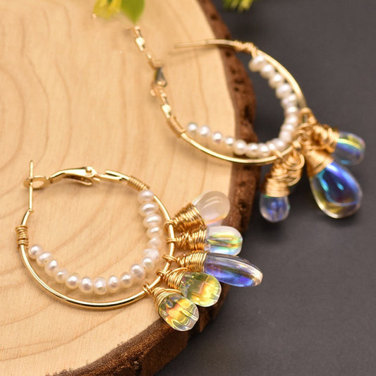 Aretes de Perla de Agua Dulce y Cristal Checo en Círculo - Image 2
