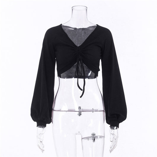 Blusa de Cuello V con Mangas Farol y Detalle Anudado en el Pecho - Image 8