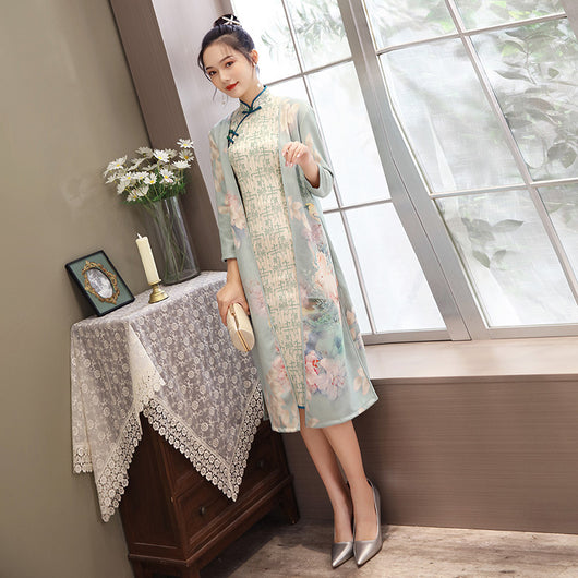 Vestido Cheongsam Elegante Mediano con Gamuza y Detalles Aodai - Image 12