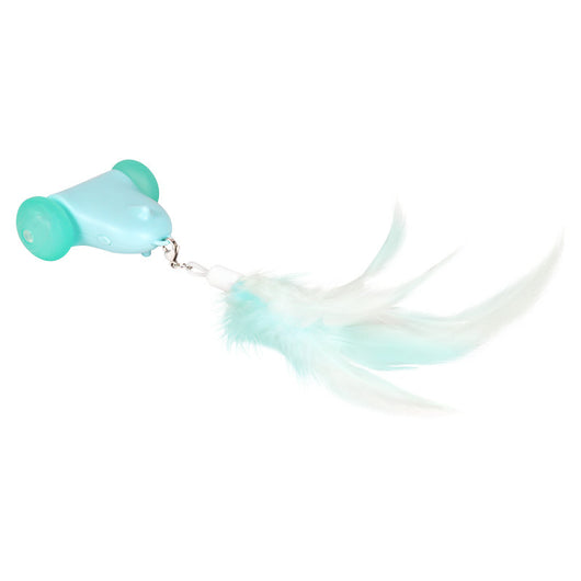 Blue smart cat toy with teal wheels and an attached light blue feather wand, plus a butterfly attachment with bell. - Image 5