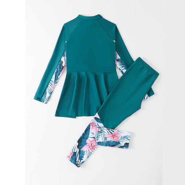 Traje de Baño Conservador de Dos Piezas con Mangas Largas para Niñas Talla M-L