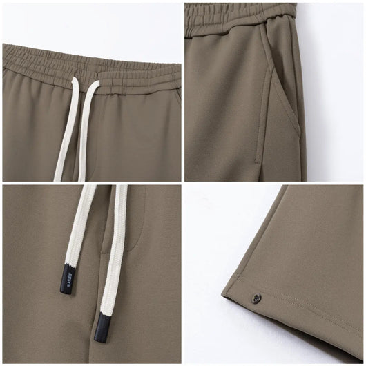 Khaki men's short-sleeved t-shirt and matching shorts set, featuring a loose fit and white drawstring. - Image 18