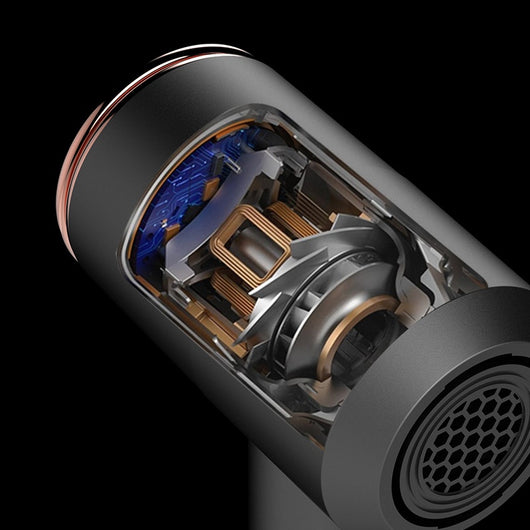 Dark gray high-power anion hair dryer with rose gold accents, two concentrator nozzles, and a diffuser. - Image 8