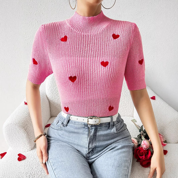 Suéter Tejido Cuello Alto con Corazón Manga Corta para Mujer