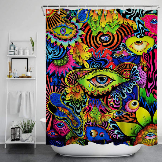 Vibrant psychedelic shower curtain with an abstract digital print featuring an elephant head and cannabis leaves in bright colors. - Image 5