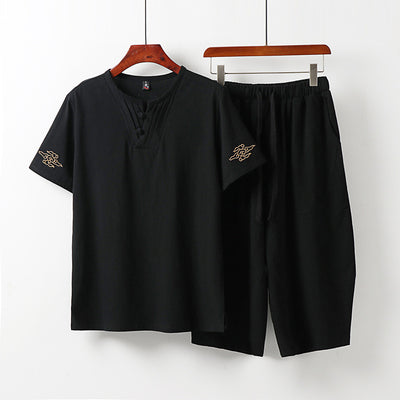 Conjunto Asiático: Blusa Bordada Manga Corta y Pantalón Capri Lino Algodón - Image 10