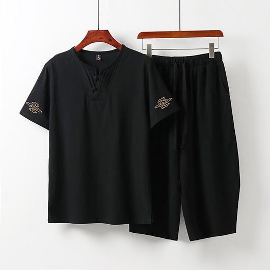 Conjunto Asiático: Blusa Bordada Manga Corta y Pantalón Capri Lino Algodón - Image 10