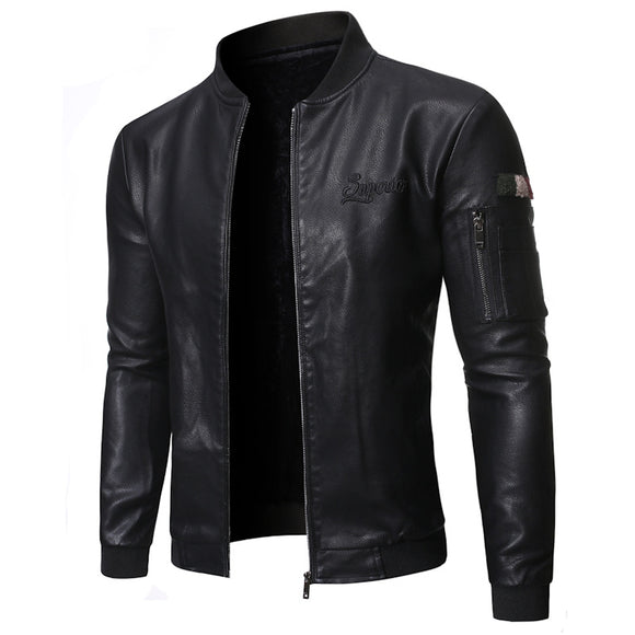 Men's Washed Leather Jacket with Mandarin Collar