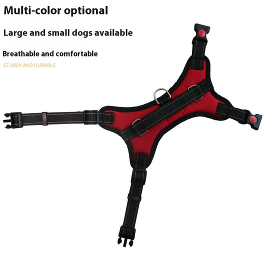 Blue and black pet harness with reflective stitching, a top handle, and red quick-release buckles.