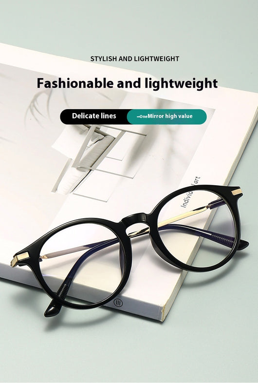 Dark purple round-frame anti-blue light reading glasses with silver-colored temples on a white background. - Image 16