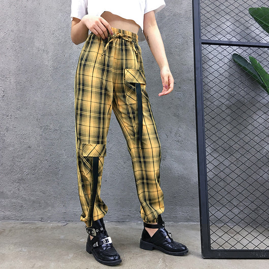 Pantalones Cargo Plaid Cintura Alta Elástica Mujer Estilo Streetwear - Image 3