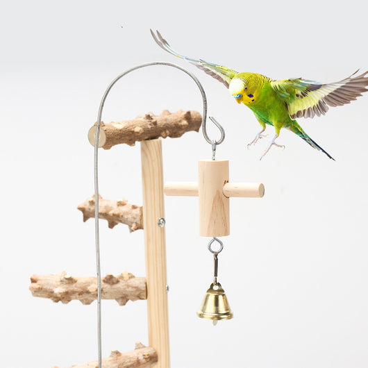 Wooden bird playground stand with multiple perches, ladder, two stainless steel bowls, and two hanging bells. - Image 9