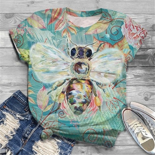 Playera Casual Estampado de Abejas Cuello Redondo Manga Corta Suelta para Mujer