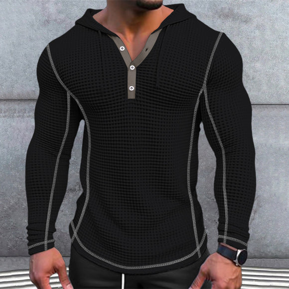 Sudadera Tipo Polo con Botones y Textura Waffle para Hombre - Manga Larga Casual