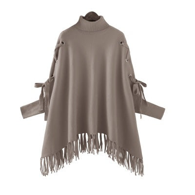 Poncho Suéter Cuello Alto Tejido Suelto Estilo Capa - Image 9