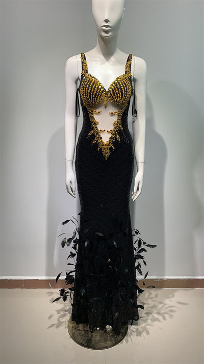 Vestido Sling Negro con Lentejuelas de Pluma - Image 18