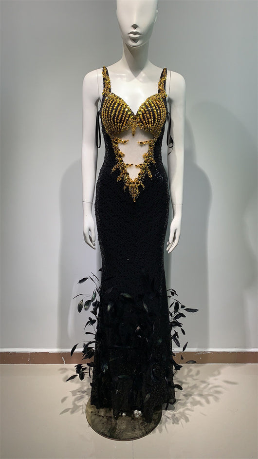 Vestido Sling Negro con Lentejuelas de Pluma - Image 18