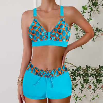 Women's hot pink high-waisted bikini with multi-color stripe print halter top and boxer shorts. - Image 11