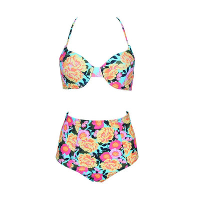 Women's floral print high-waisted bikini with a push-up top and halter straps, featuring orange, pink, and black flowers on a light blue background. - Image 16