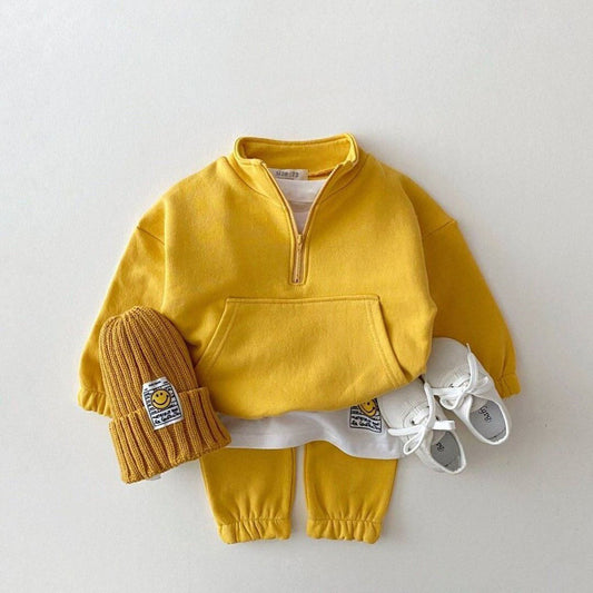 Conjunto Infantil Coreano con Cremallera y Cuello de Pie en Colores Sólidos
