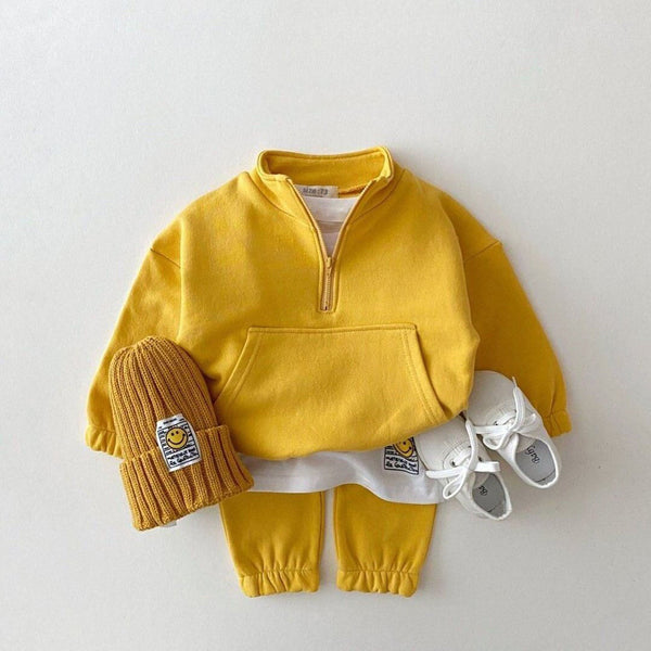 Conjunto Infantil Coreano con Cremallera y Cuello de Pie en Colores Sólidos