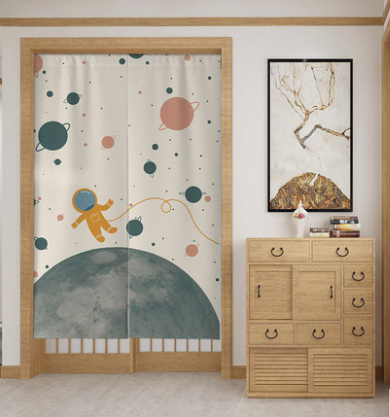 Fabric door curtain with a modern botanical design, featuring large green leaves, a snail, and geometric shapes. - Image 8
