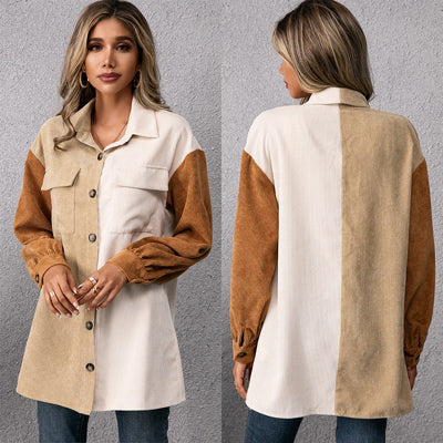 Camisa Suelta de Pana con Costuras Decorativas para Mujer