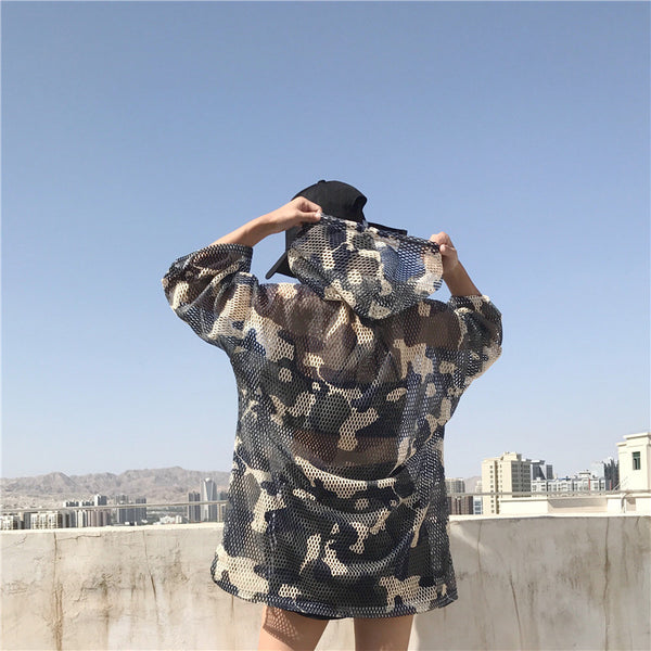 Playera de Protección Solar Harajuku con Capucha - Diseño Hueco Camuflaje