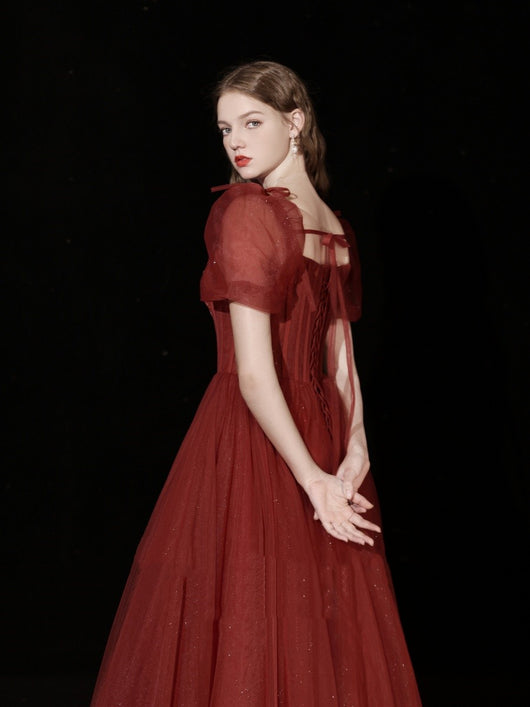 Vestido Rojo Elegante con Mangas Abullonadas para Cenas Especiales - Image 9