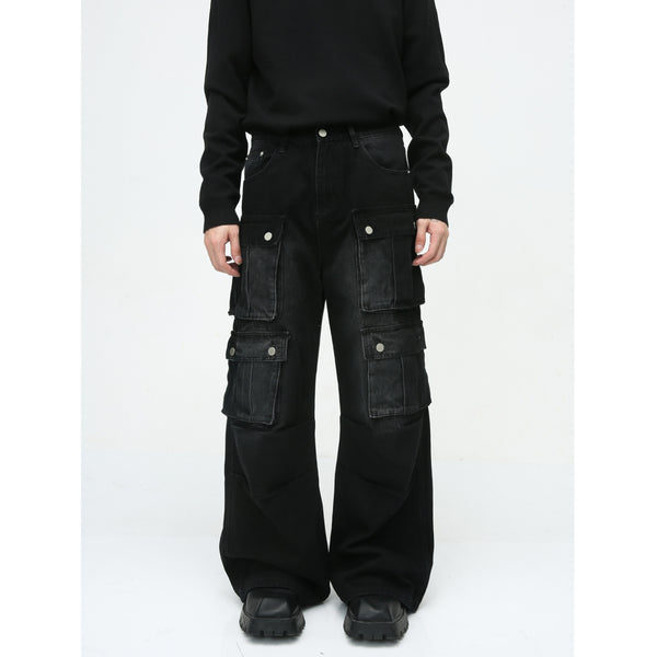 Pantalón Jean Cargo Retro de Talle Ancho con Múltiples Bolsillos
