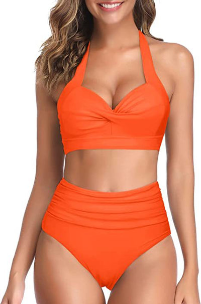 Bright yellow two-piece bikini with a halter neck top featuring a twisted bow and high-waisted ruched bottoms. - Image 8