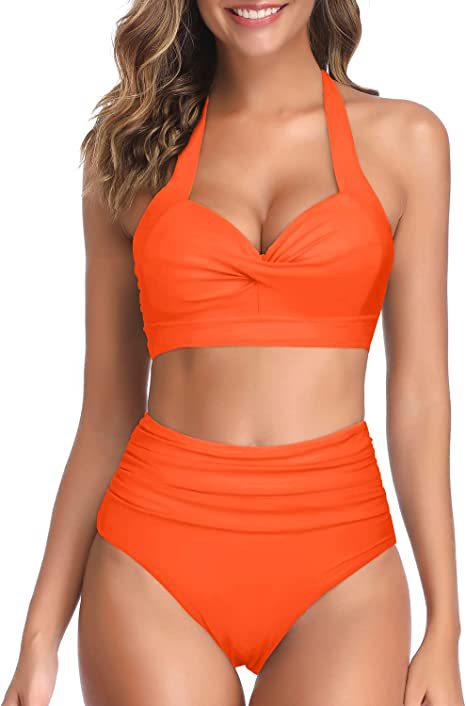 Bright yellow two-piece bikini with a halter neck top featuring a twisted bow and high-waisted ruched bottoms. - Image 8