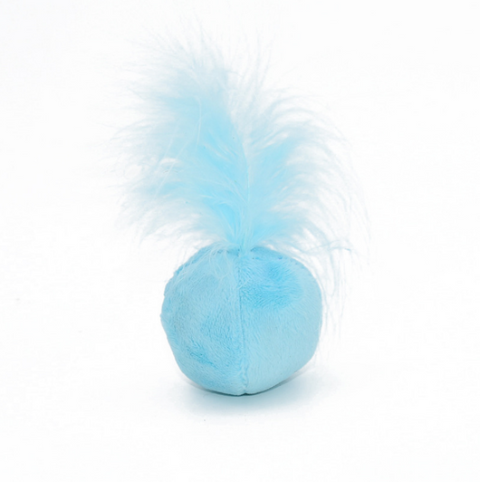 Pink plush ball cat toy with bright fuchsia feathers on top, designed to entice cats for playful interaction. - Image 5