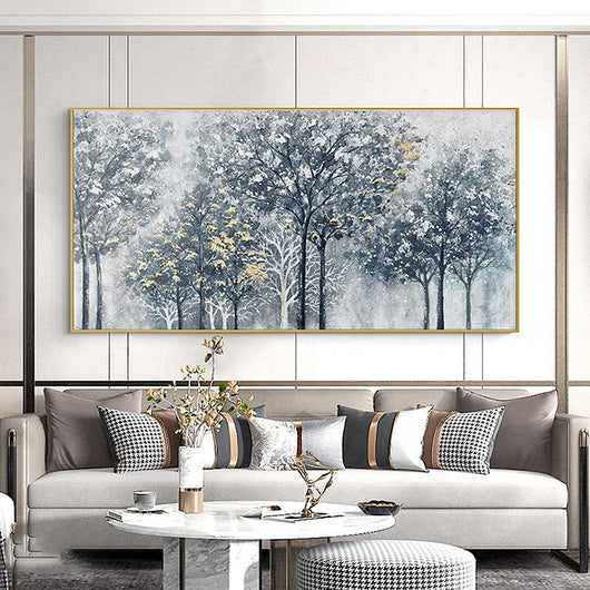 Cuadro Abstracto Bosque en Tonos Plateados - Pintura al Óleo Azul y Dorado Hecha a Mano