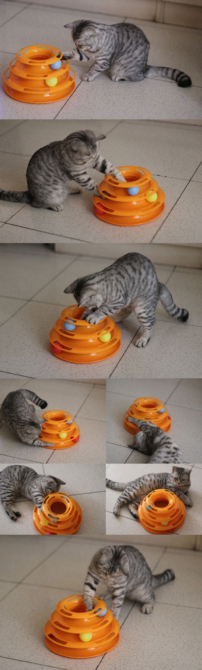Pink four-layer cat turntable toy with colorful balls on each track, measuring 16cm high and 29cm wide. - Image 17