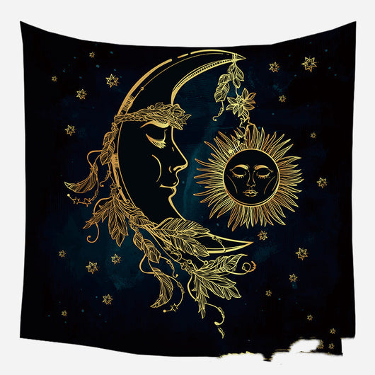 Golden crescent moon and woman silhouette tapestry with a floral crown against a dark blue starry background. - Image 35