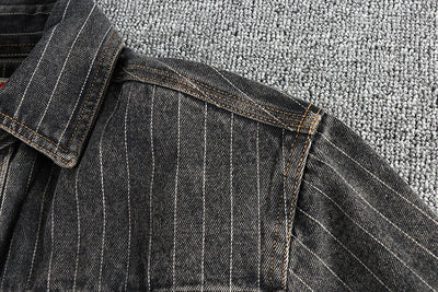 Camisa Denim Retro Británica a Rayas Negras y Grises para Hombre - Image 17