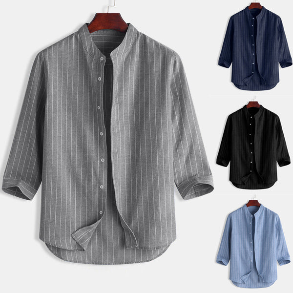 Camisa de Lino a Rayas con Manga Tres Cuartos para Hombre